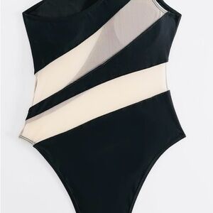 Fashion Nova Black and Cream One-Piece Swimsuit